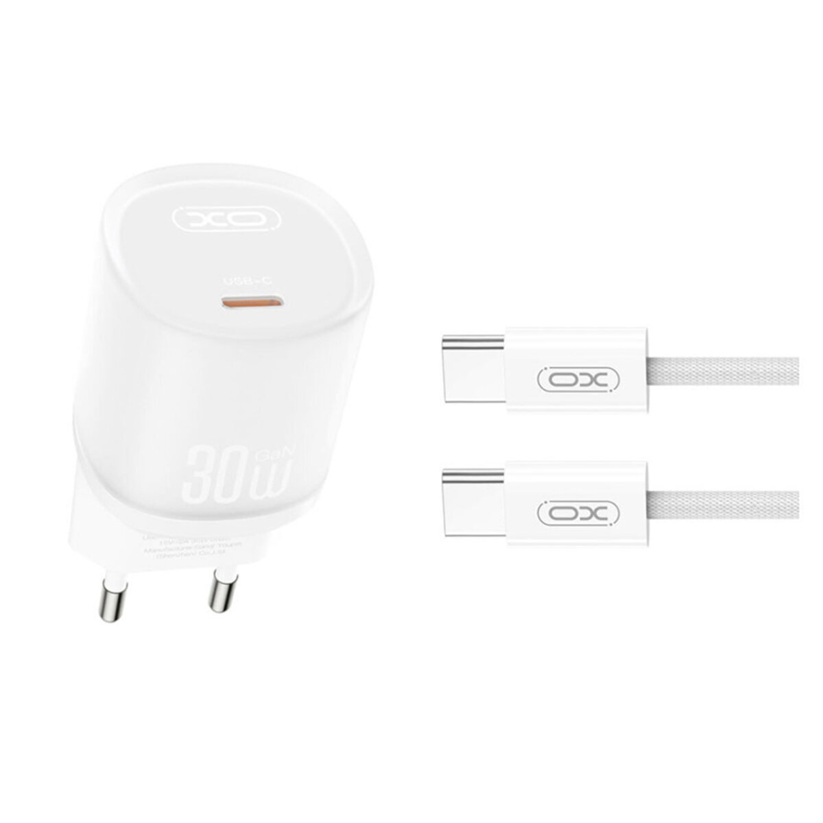 Мережевий зарядний пристрій XO L150 30W Single USB-C + Type-C кабель білий (XO-L150+C) дивитися фото №1