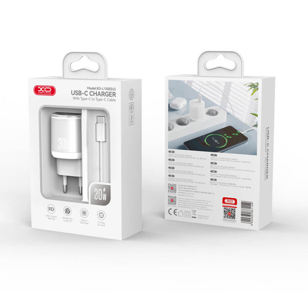 Мережевий зарядний пристрій XO L150 30W Single USB-C + Type-C кабель білий (XO-L150+C) дивитися фото №4