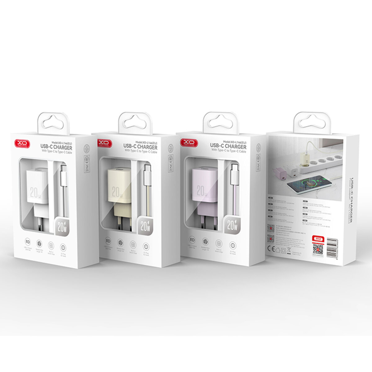 Мережевий зарядний пристрій XO L146 PD20W Single USB-C + Type-C кабель білий (XO-L146+C-White) дивитися фото №6