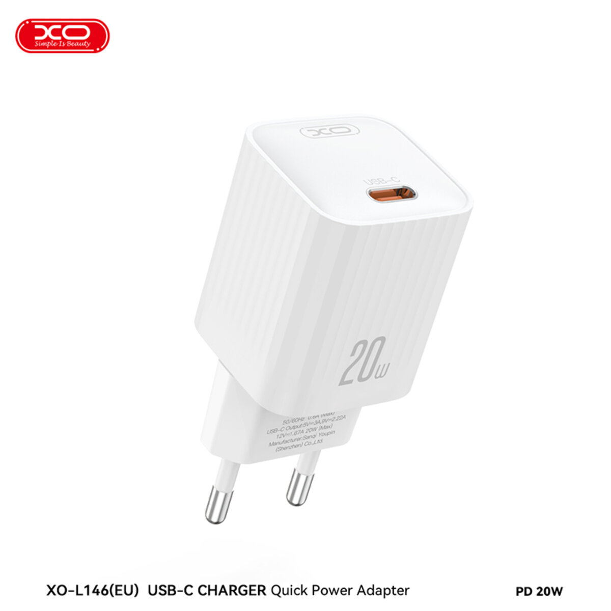Мережевий зарядний пристрій XO L146 PD20W Single USB-C + Type-C кабель білий (XO-L146+C-White) дивитися фото №2