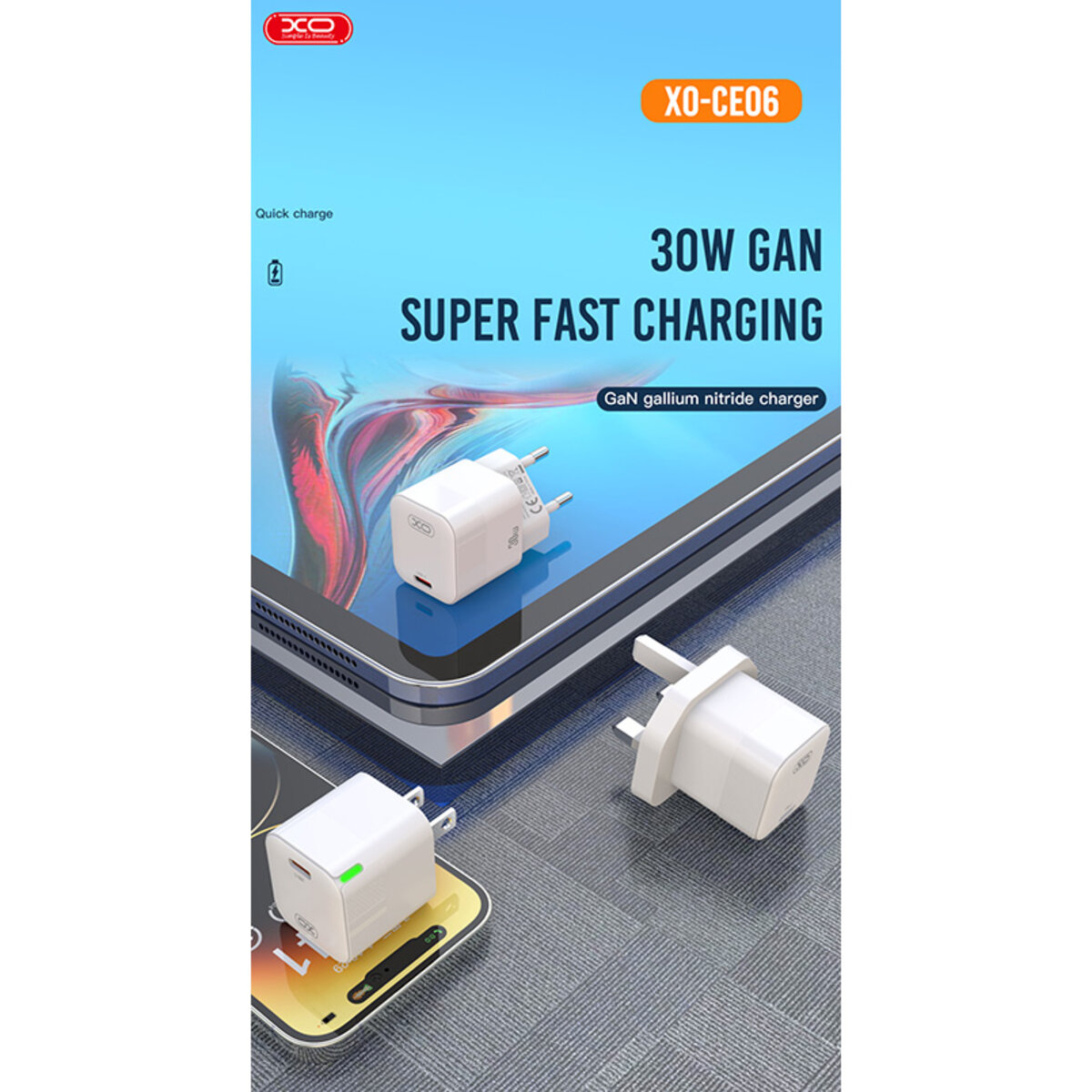 Мережевий зарядний пристрій XO CE06 PD 30W GaN + Lightning кабель білий (XO-CE06+L) дивитися фото №3