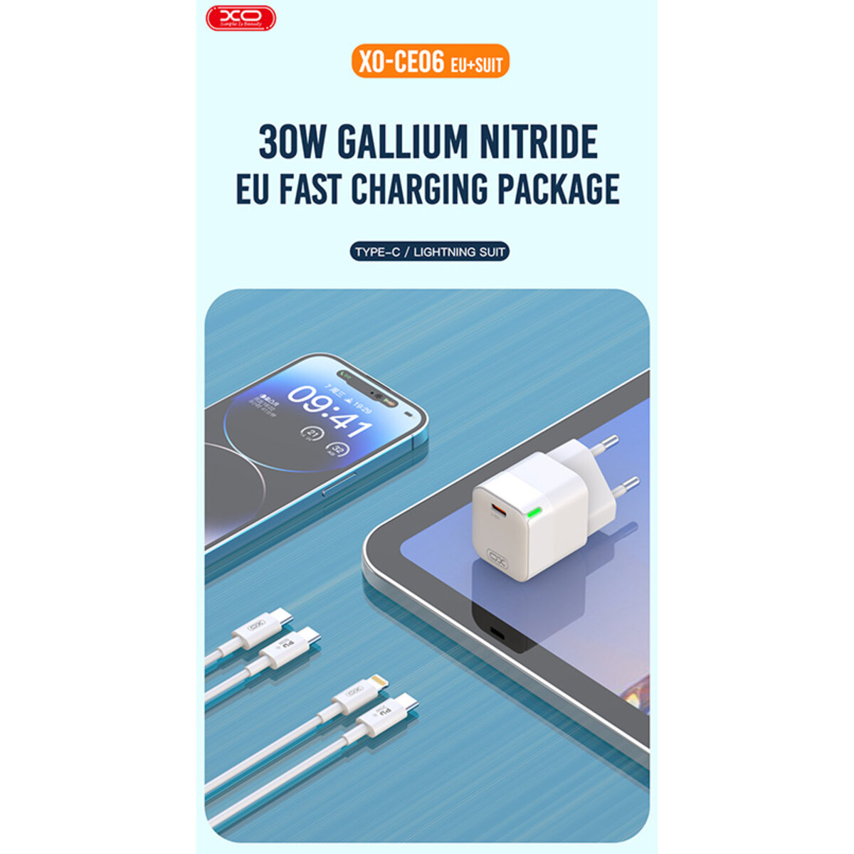 Мережевий зарядний пристрій XO CE06 PD 30W GaN + Type-C кабель білий (XO-CE06+C) дивитися фото №4