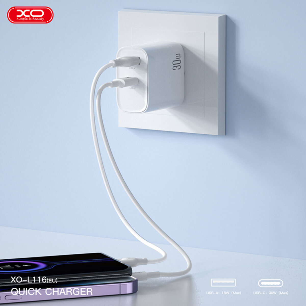 Мережевий зарядний пристрій XO L116 PD30W/QC18W 1USB-C+1USB-A Type-C кабель білий  (XO-L116+C) дивитися фото №5