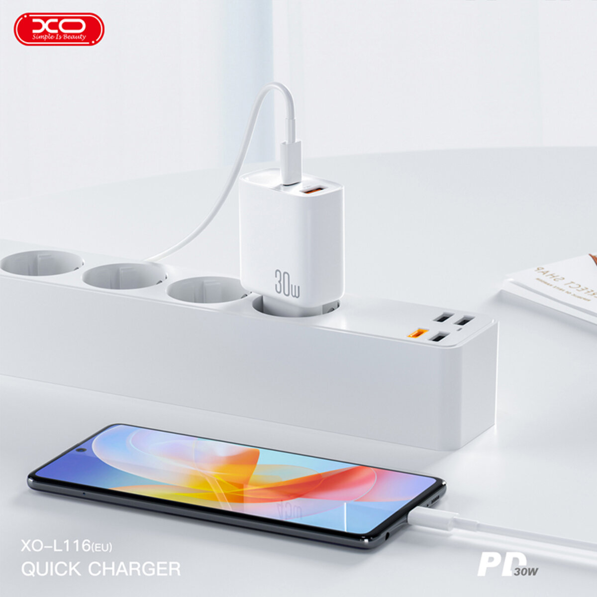 Мережевий зарядний пристрій XO L116 PD30W/QC18W 1USB-C+1USB-A Type-C кабель білий  (XO-L116+C) дивитися фото №7