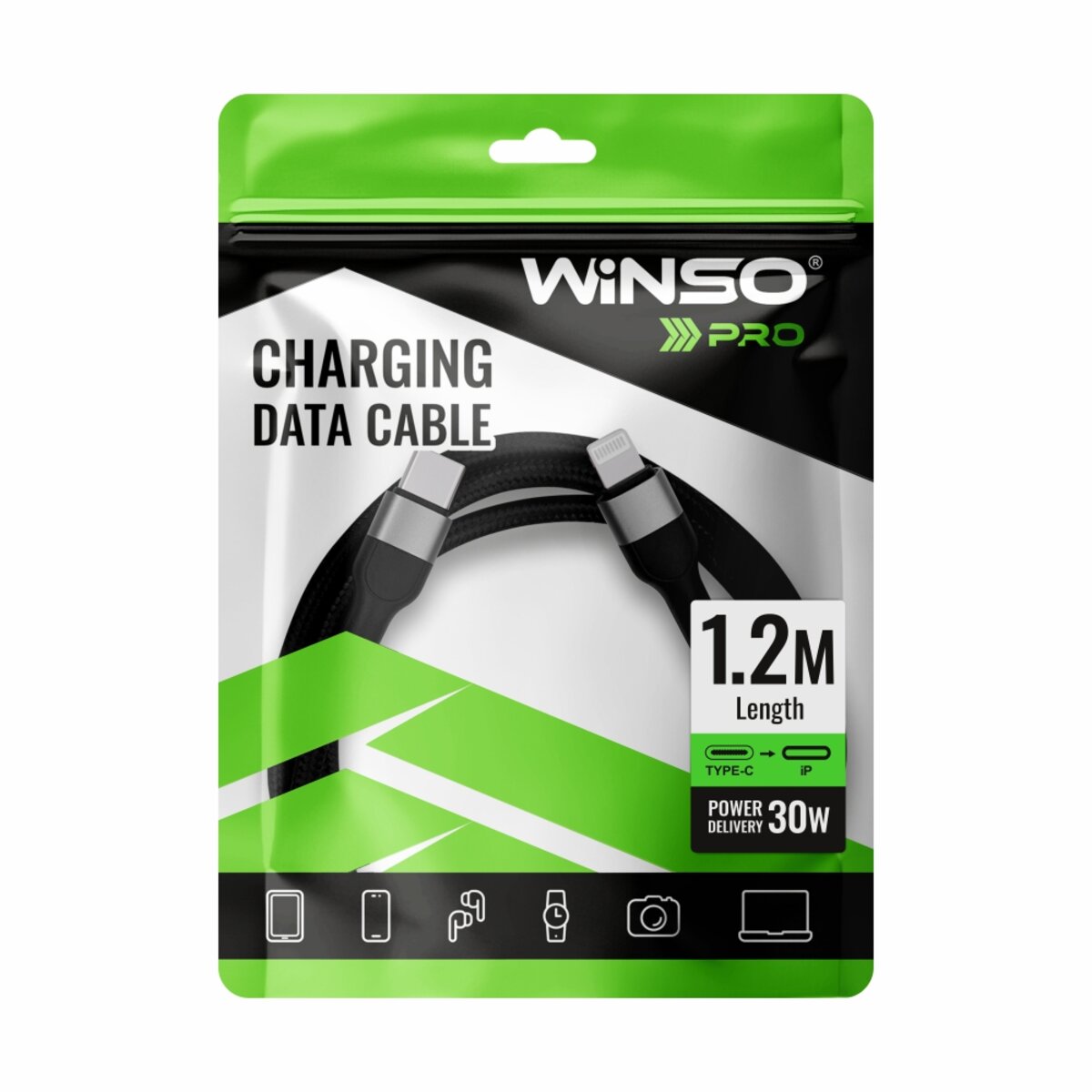 Кабель Winso Pro Type-C to Lightning 30W TPE+плетіння 1,2м чорний (223124B) дивитися фото №4
