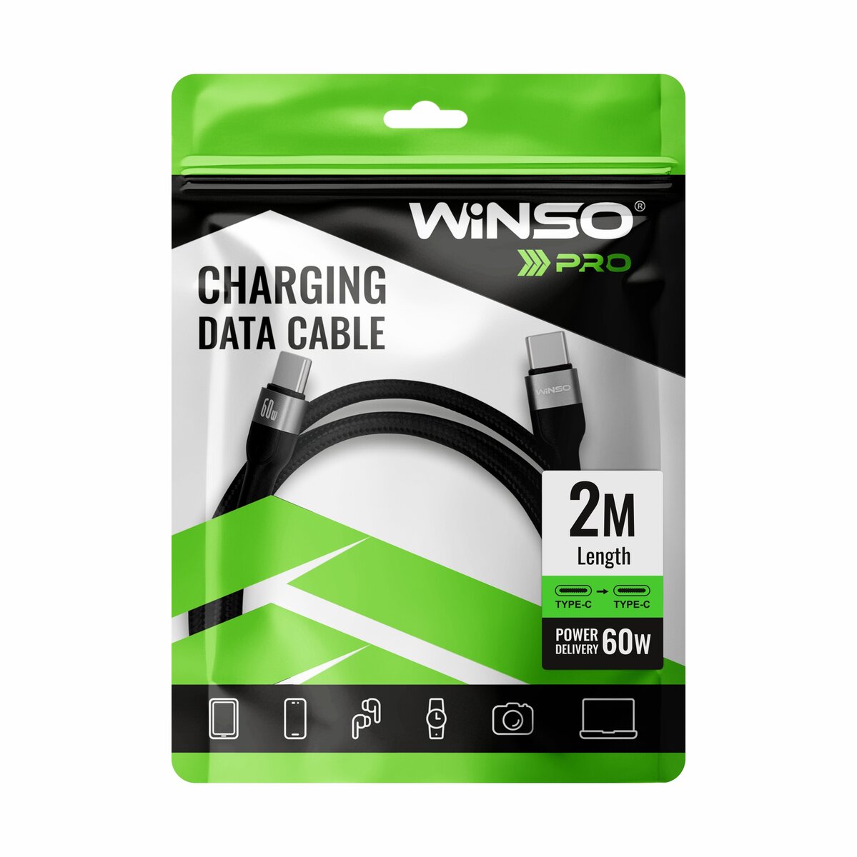 Кабель Winso Pro Type-C to Type-C 60W TPE+плетіння 2м чорний (223205B) дивитися фото №4