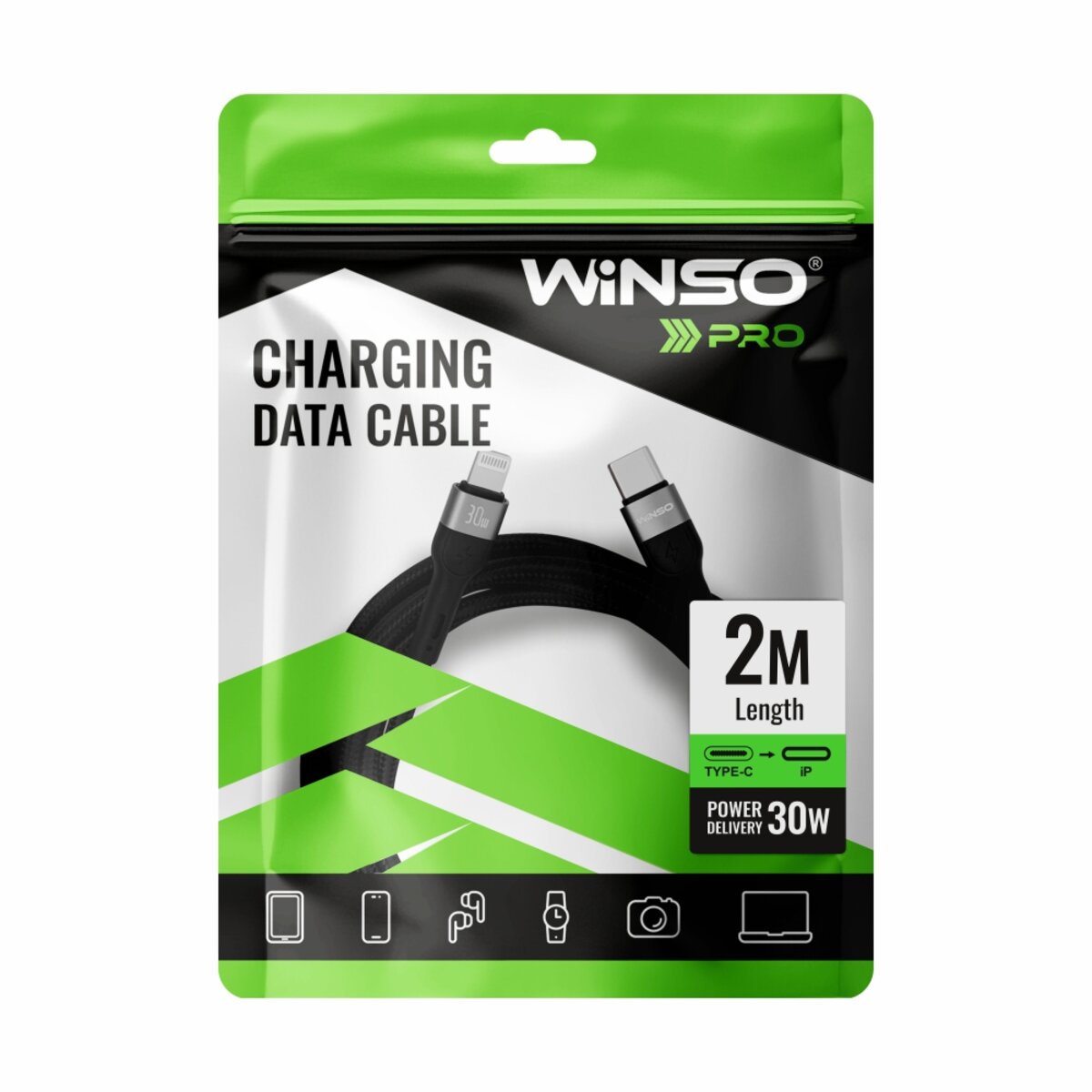 Кабель Winso Pro Type-C to Lightning 30W TPE+плетіння 2м чорний (223204B) дивитися фото №4