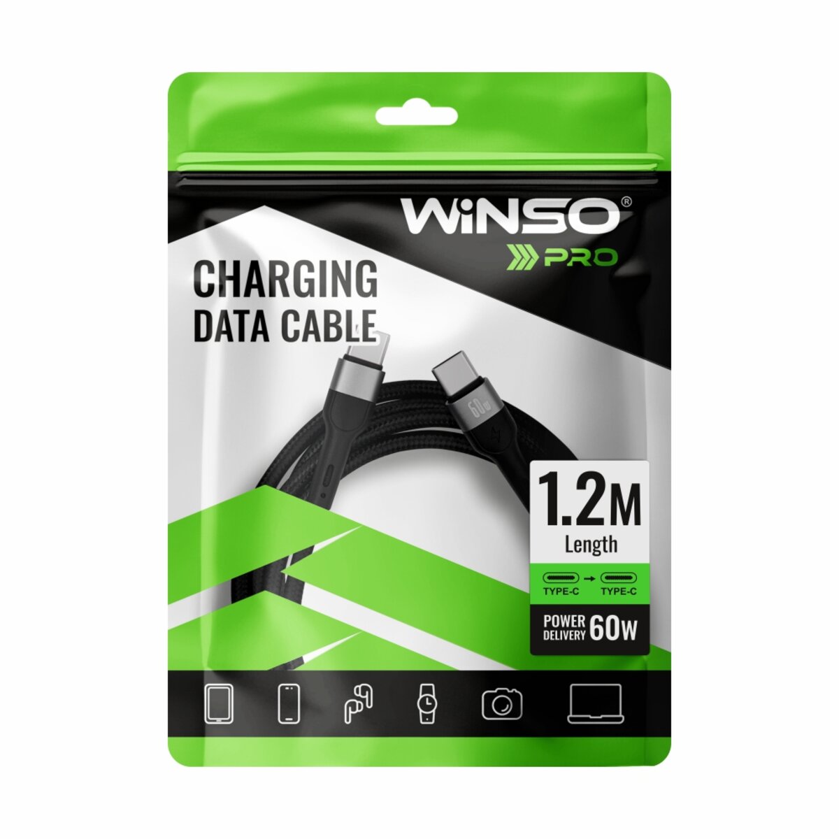 Кабель Winso Pro Type-C to Type-C 60W TPE+плетіння 1,2м чорний (223125B) дивитися фото №4