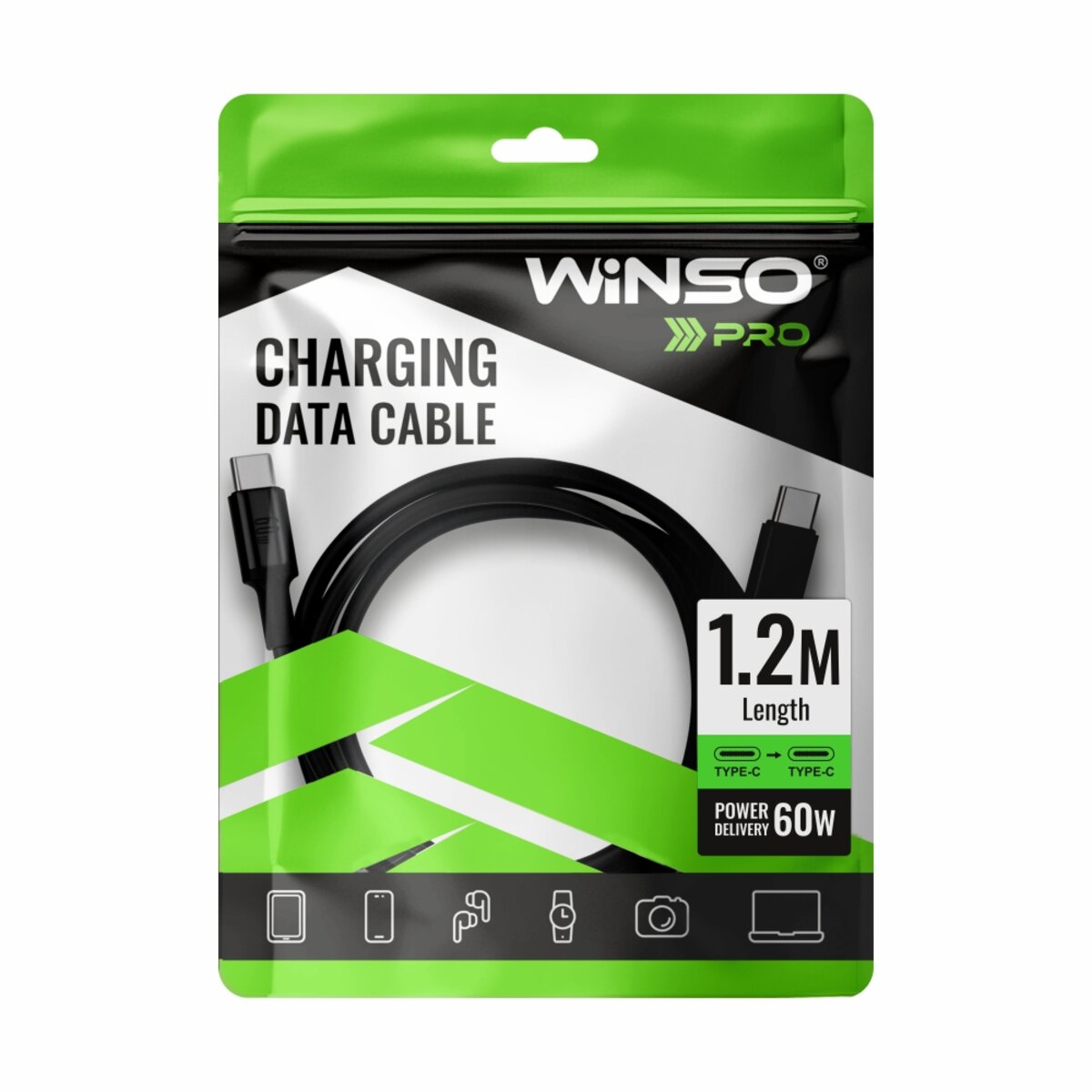 Кабель Winso Pro Type-C to Type-C 60W TPE 1,2м чорний (222125B) дивитися фото №4