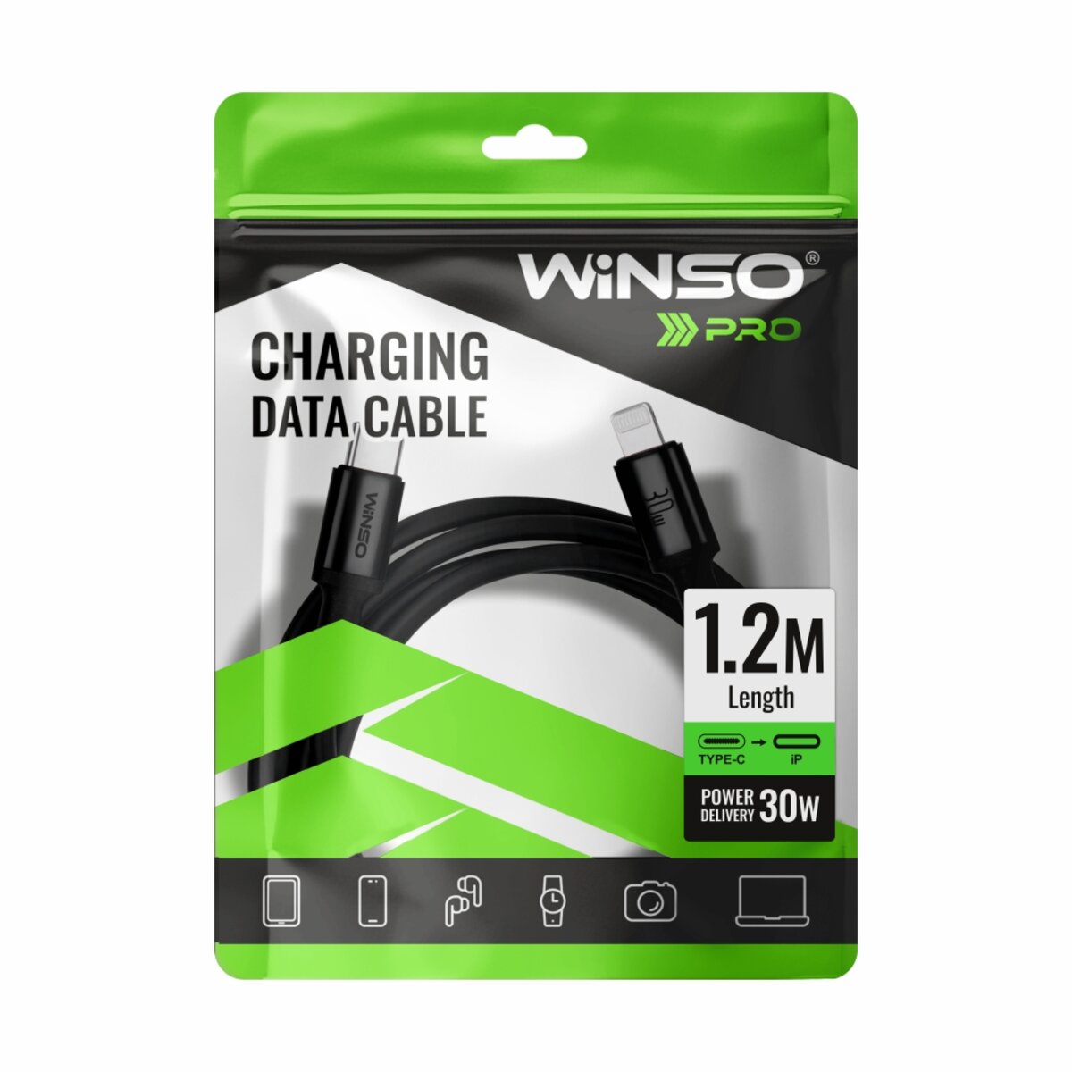 Кабель Winso Pro Type-C to Lightning 30W TPE 1,2м чорний (222124B) дивитися фото №4