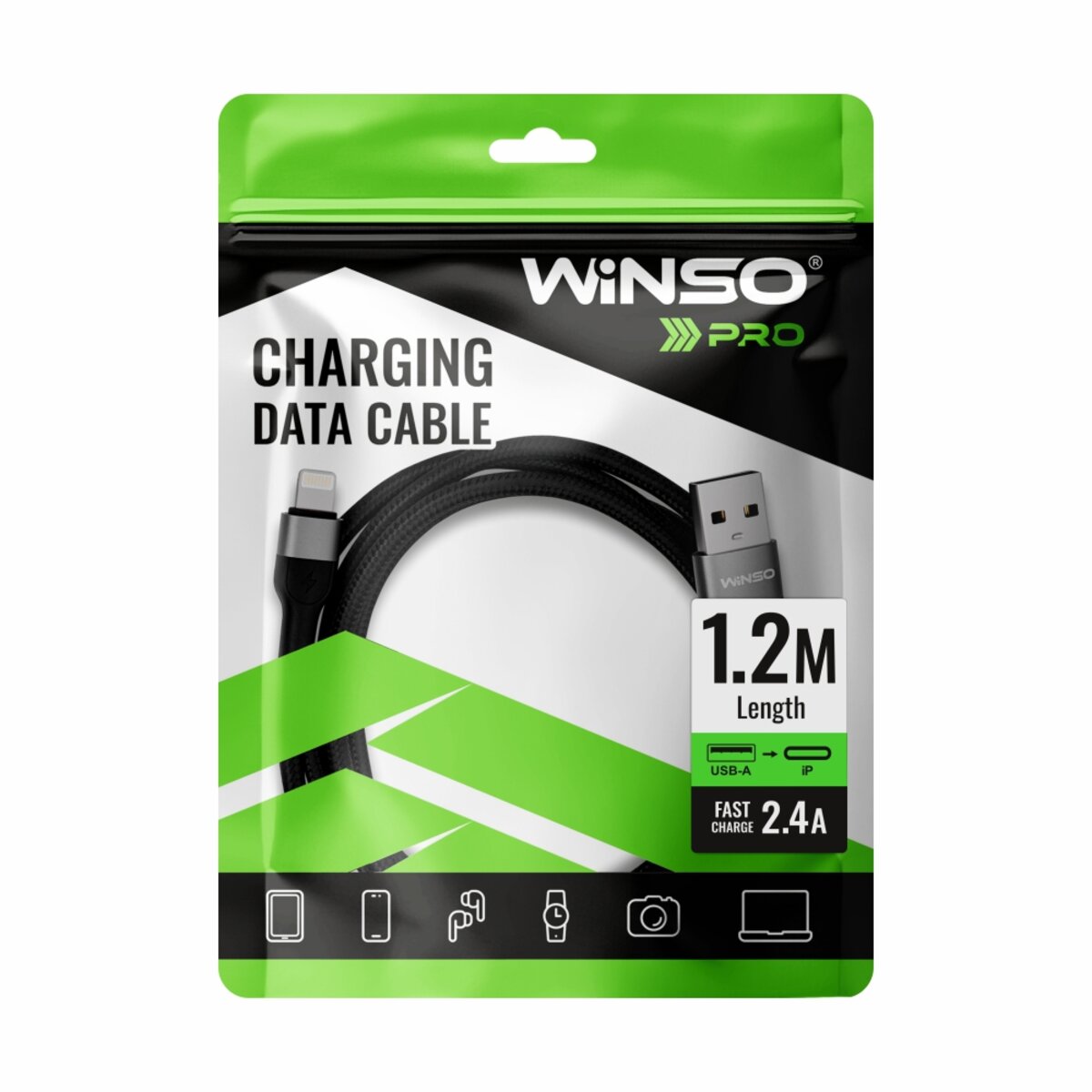 Кабель Winso Pro USB to Lightning TPE+плетіння 1,2м чорний (223122B) дивитися фото №4