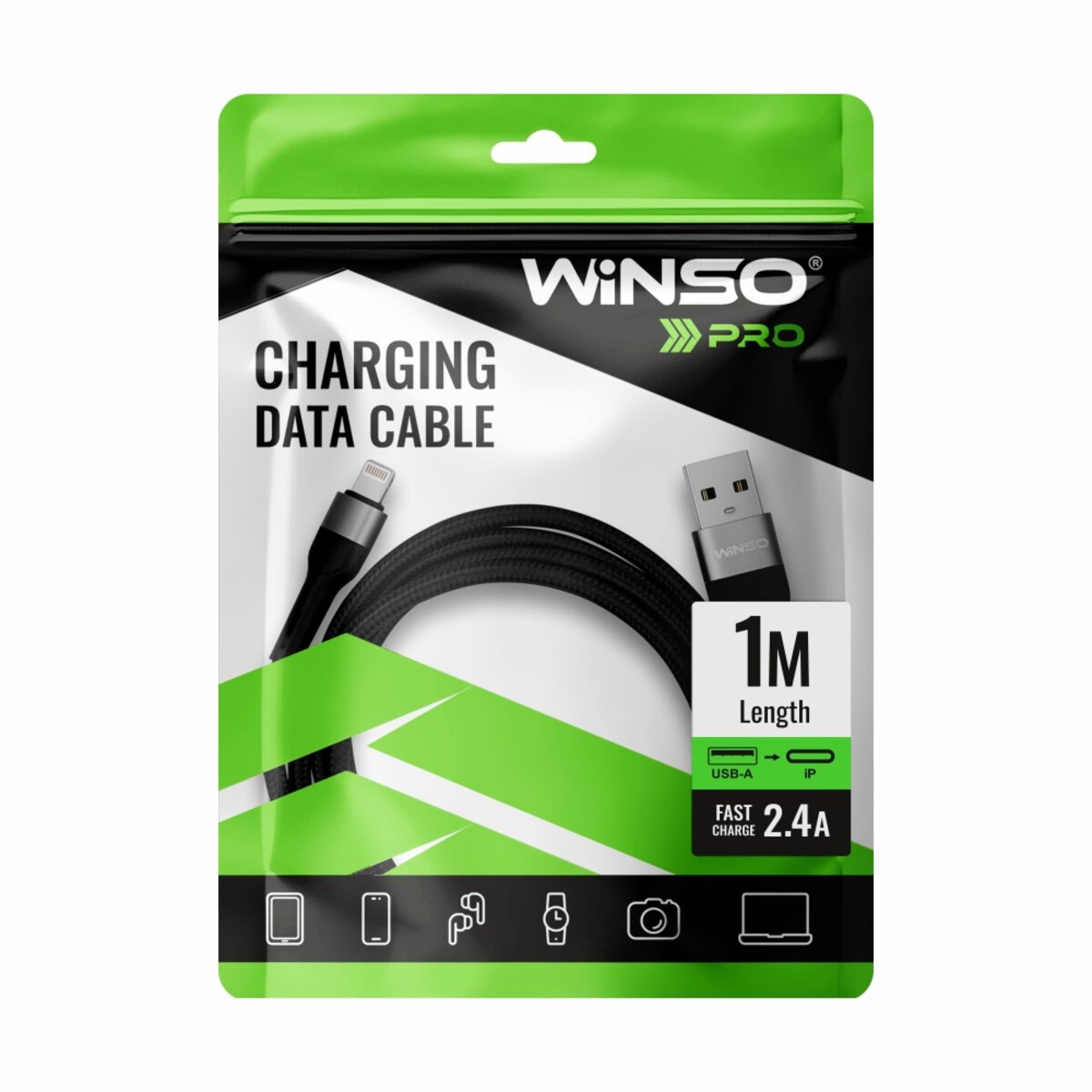 Кабель Winso Pro USB to Lightning TPE+плетіння 1м чорний (223102B) дивитися фото №4