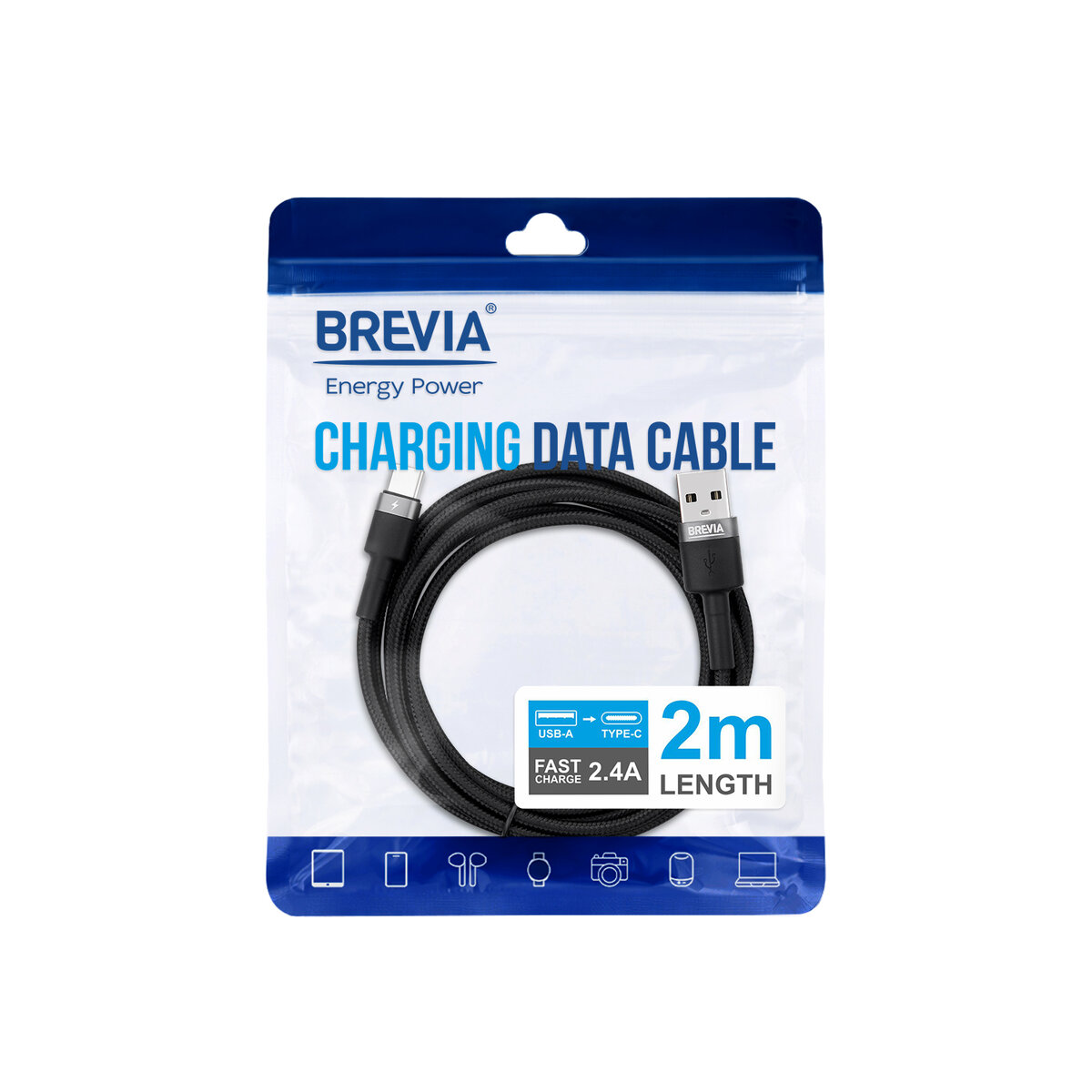 Кабель Brevia USB to Type-C 2,4А 2м, черный ZIP (53200BUCZ1) смотреть фото №4