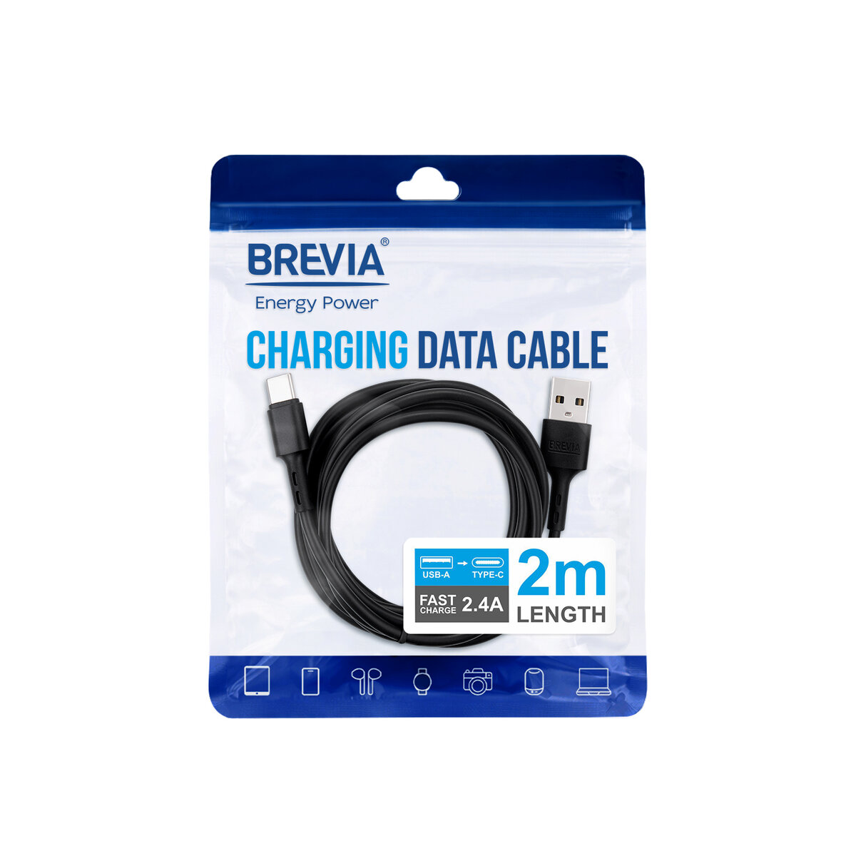 Кабель Brevia USB to Type-C 2,4A 2м, черный ZIP (51200BUCZ1) смотреть фото №4