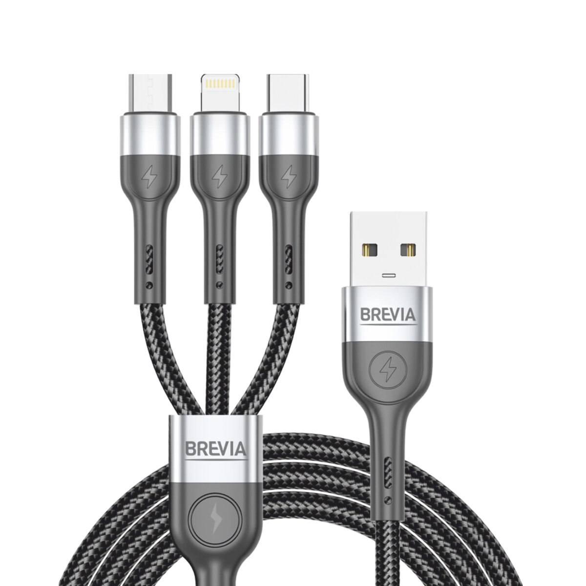 Кабель Brevia 3in1 USB to Lightning+Micro+Type-C 3A 1,2м, черный (59120BULMCC1) смотреть фото №1