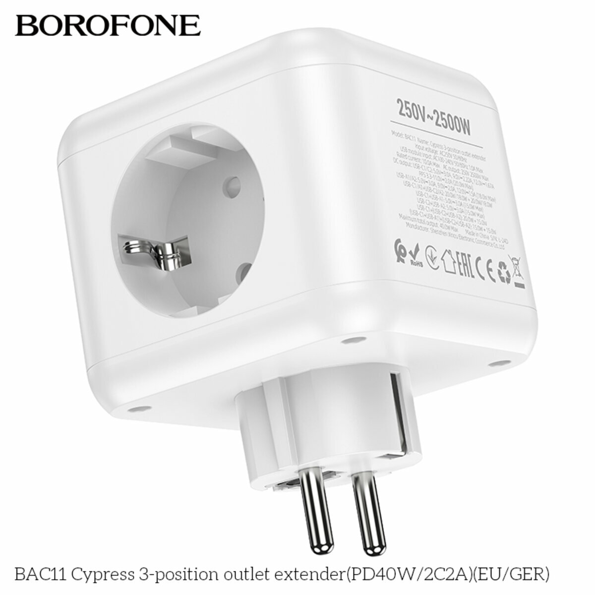 Сетевой фильтр Borofone BAC11 Cypress (3 розетки +2USB-A+2USB-C) PD40W 3м белый (BF-BAC11-White) смотреть фото №7
