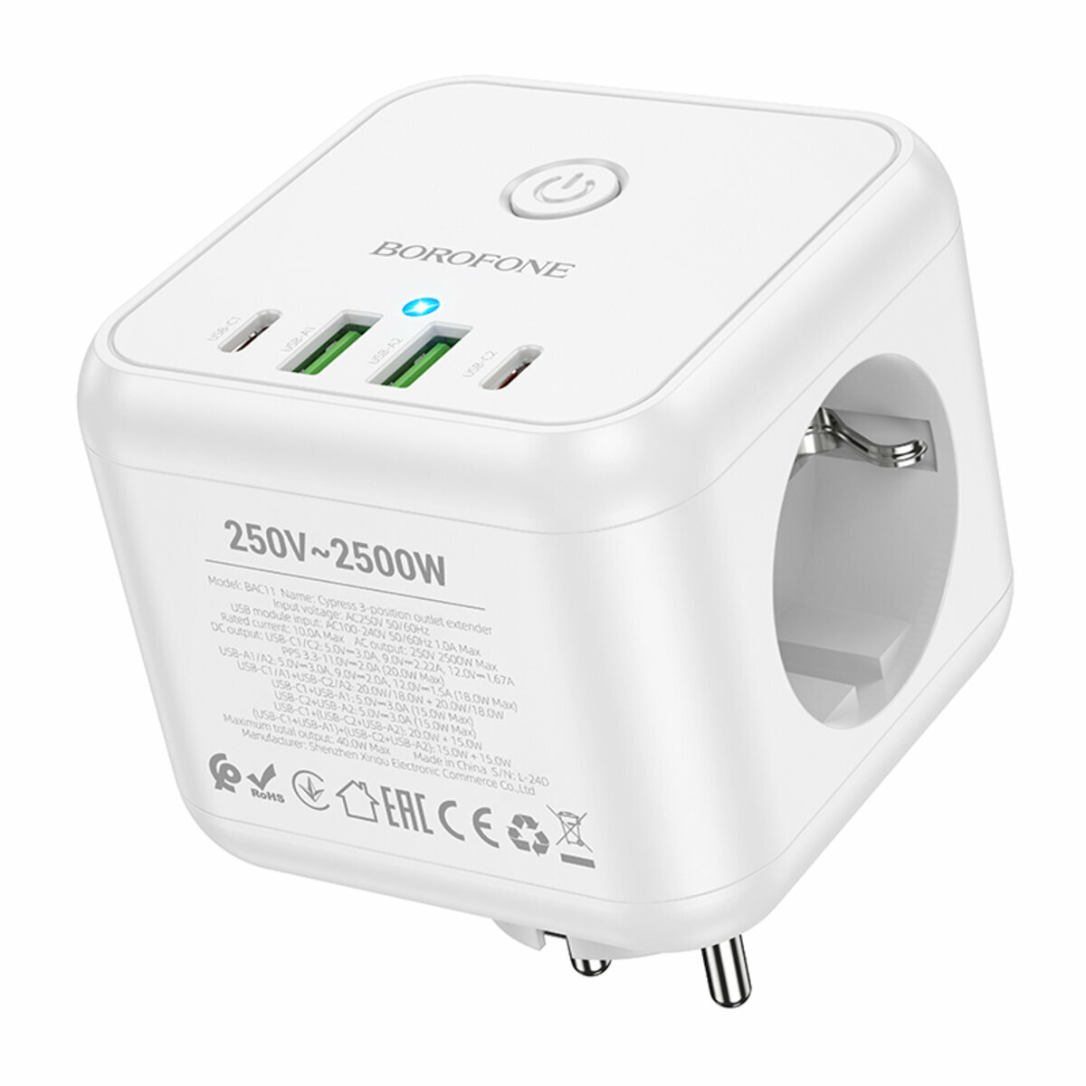 Сетевой фильтр Borofone BAC11 Cypress (3 розетки +2USB-A+2USB-C) PD40W 3м белый (BF-BAC11-White) смотреть фото №1