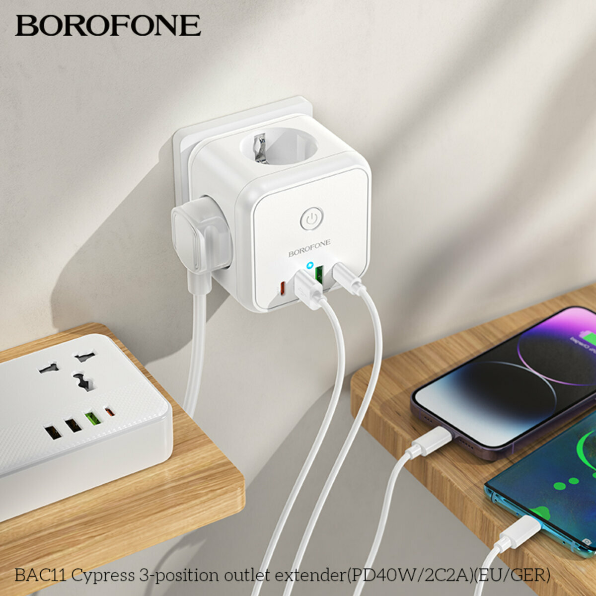 Сетевой фильтр Borofone BAC11 Cypress (3 розетки +2USB-A+2USB-C) PD40W 3м белый (BF-BAC11-White) смотреть фото №2