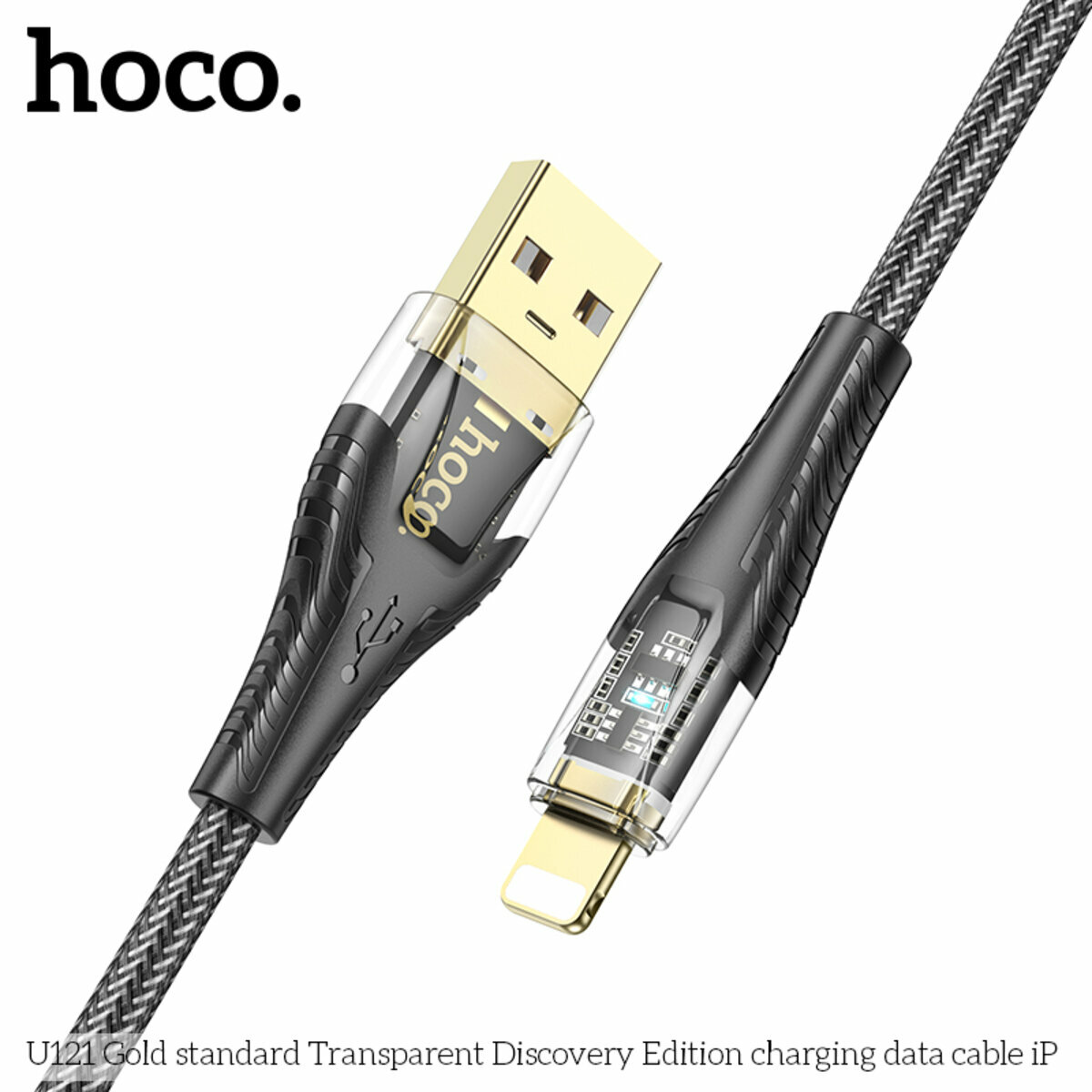 Кабель Hoco U121 Gold standard Transparent USB to Lightning 1.2м чорний (HC-U121-UL-Black) дивитися фото №5