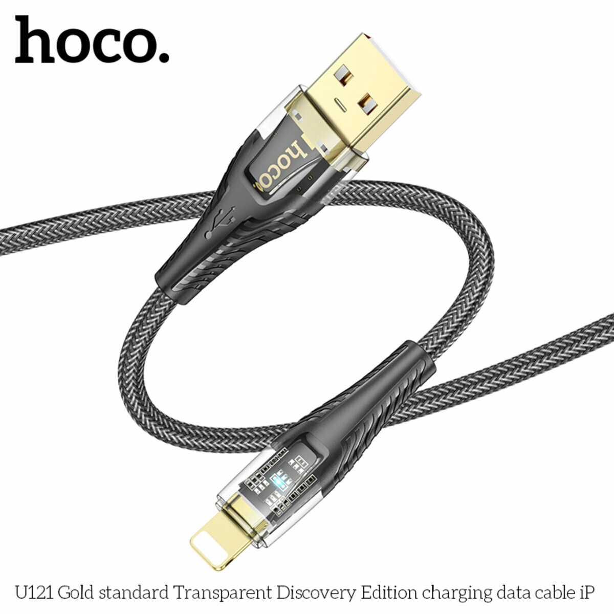 Кабель Hoco U121 Gold standard Transparent USB to Lightning 1.2м чорний (HC-U121-UL-Black) дивитися фото №4