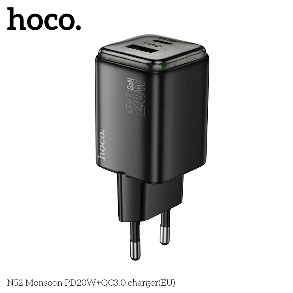 Мережевий зарядний пристрій Hoco N52 Monsoon PD20W+QC3.0 чорний (HC-N52-Black) дивитися фото №6