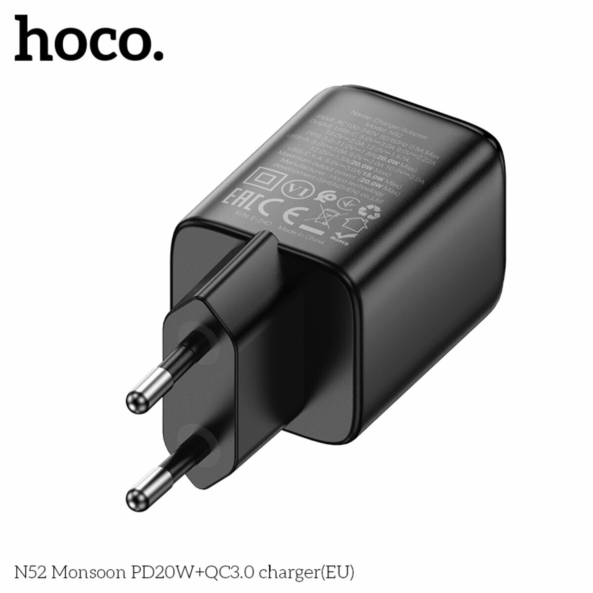 Мережевий зарядний пристрій Hoco N52 Monsoon PD20W+QC3.0 чорний (HC-N52-Black) дивитися фото №5