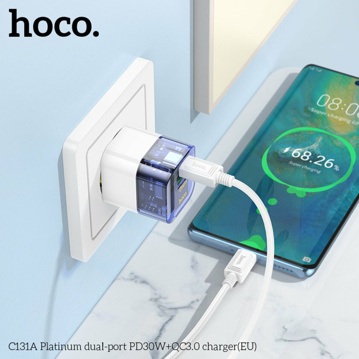 Мережевий зарядний пристрій Hoco C131A Platinum PD30W+QC3.0 чорний прозорий (HC-C131A-Black) дивитися фото №4