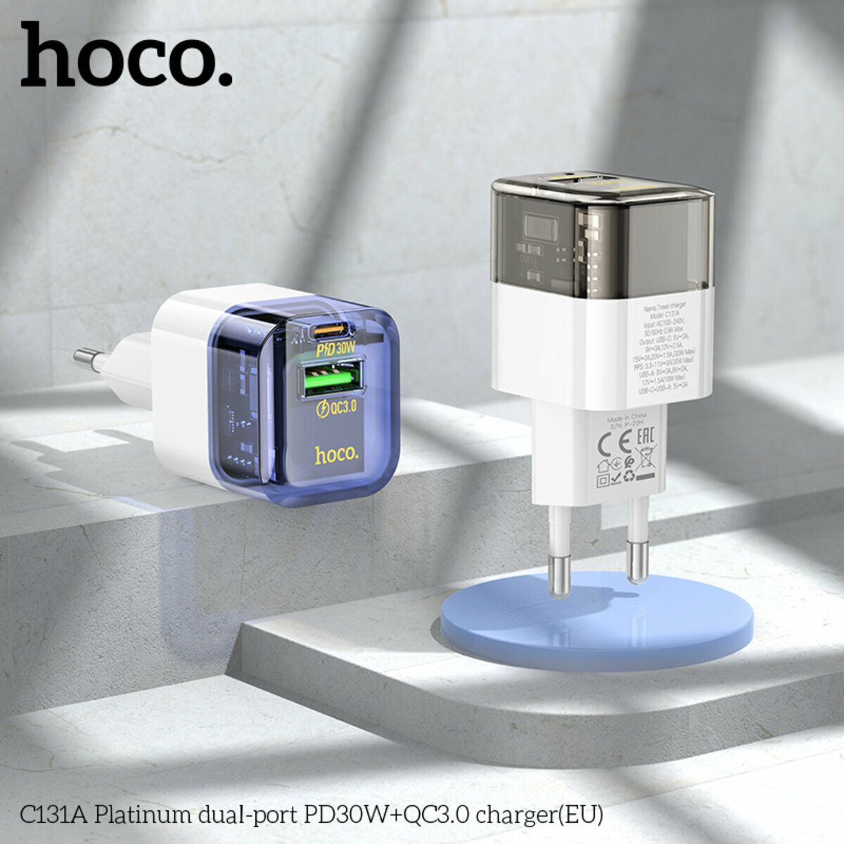 Мережевий зарядний пристрій Hoco C131A Platinum PD30W+QC3.0 чорний прозорий (HC-C131A-Black) дивитися фото №3