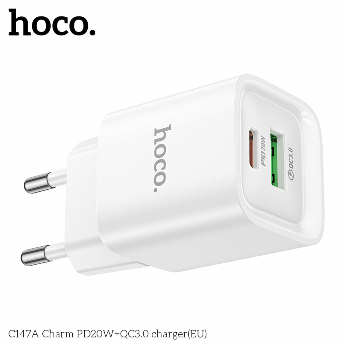 Мережевий зарядний пристрій Hoco C147A Charm PD20W+QC3.0 білий (HC-C147A-White) дивитися фото №2