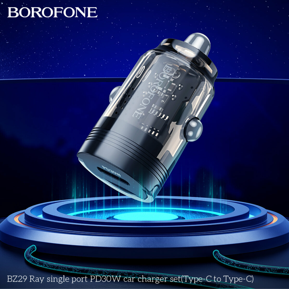 Автомобільний зарядний пристрій Borofone BZ29 Ray PD30W + Type-C кабель прозорий фіолетовий (BF-BZ29-CC-Purple) дивитися фото №2
