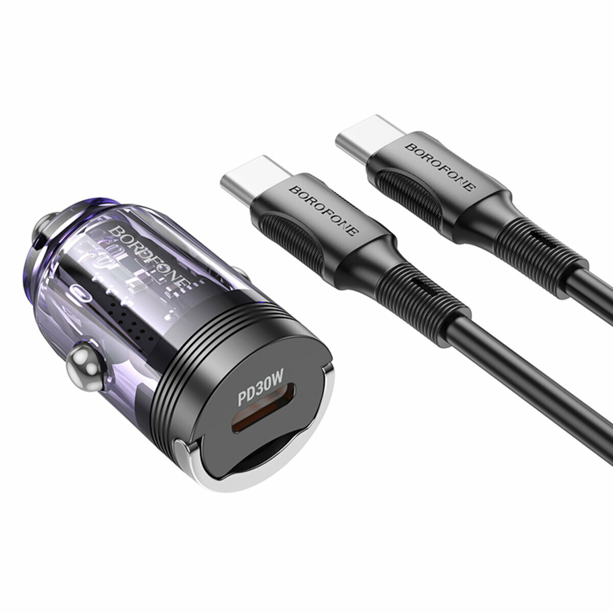 Автомобільний зарядний пристрій Borofone BZ29 Ray PD30W + Type-C кабель прозорий фіолетовий (BF-BZ29-CC-Purple) дивитися фото №1