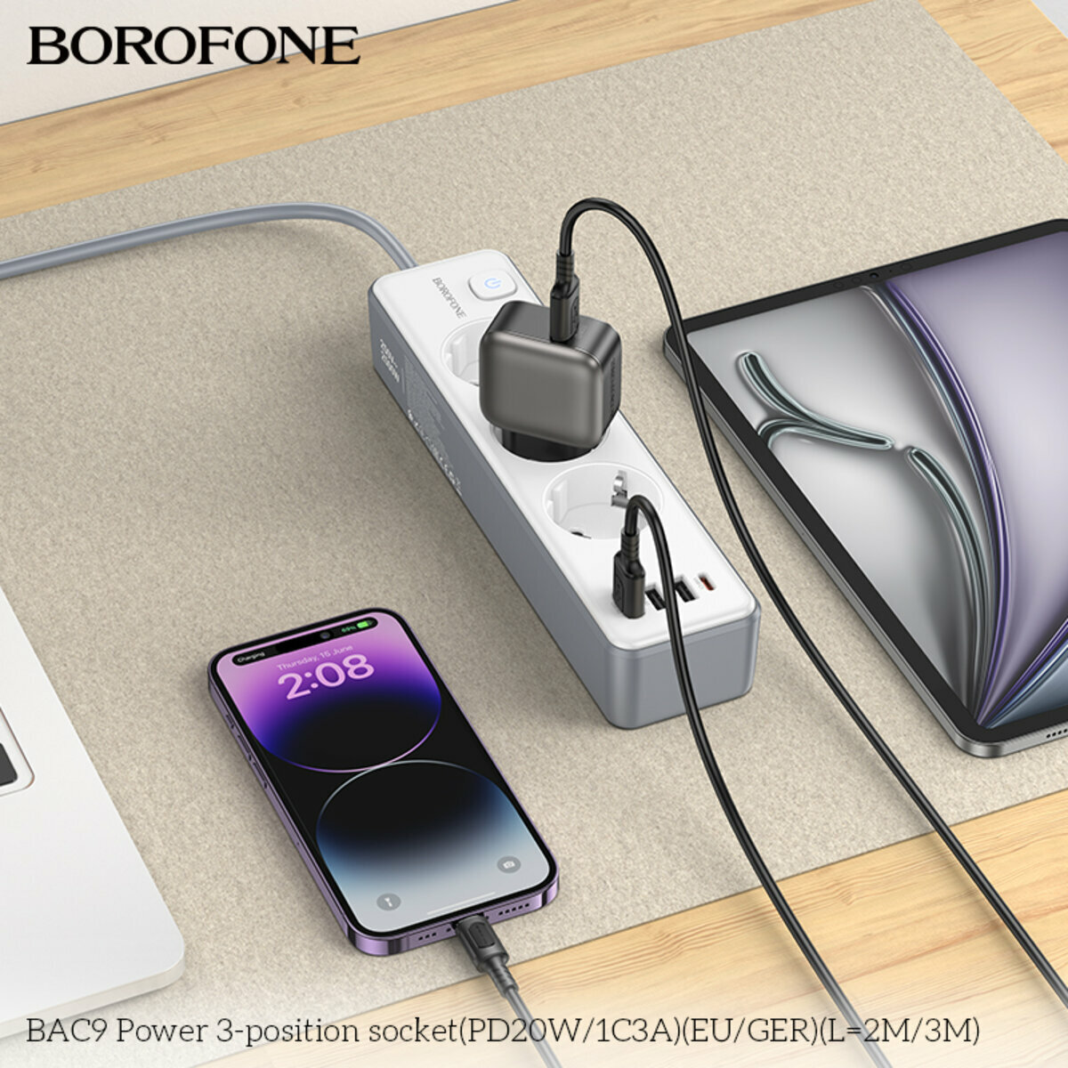 Сетевой фильтр Borofone BAC9 Power (3 розетки+3USB-A+USB-C) PD20W 2м белый (BF-BAC9-2m-White) смотреть фото №6