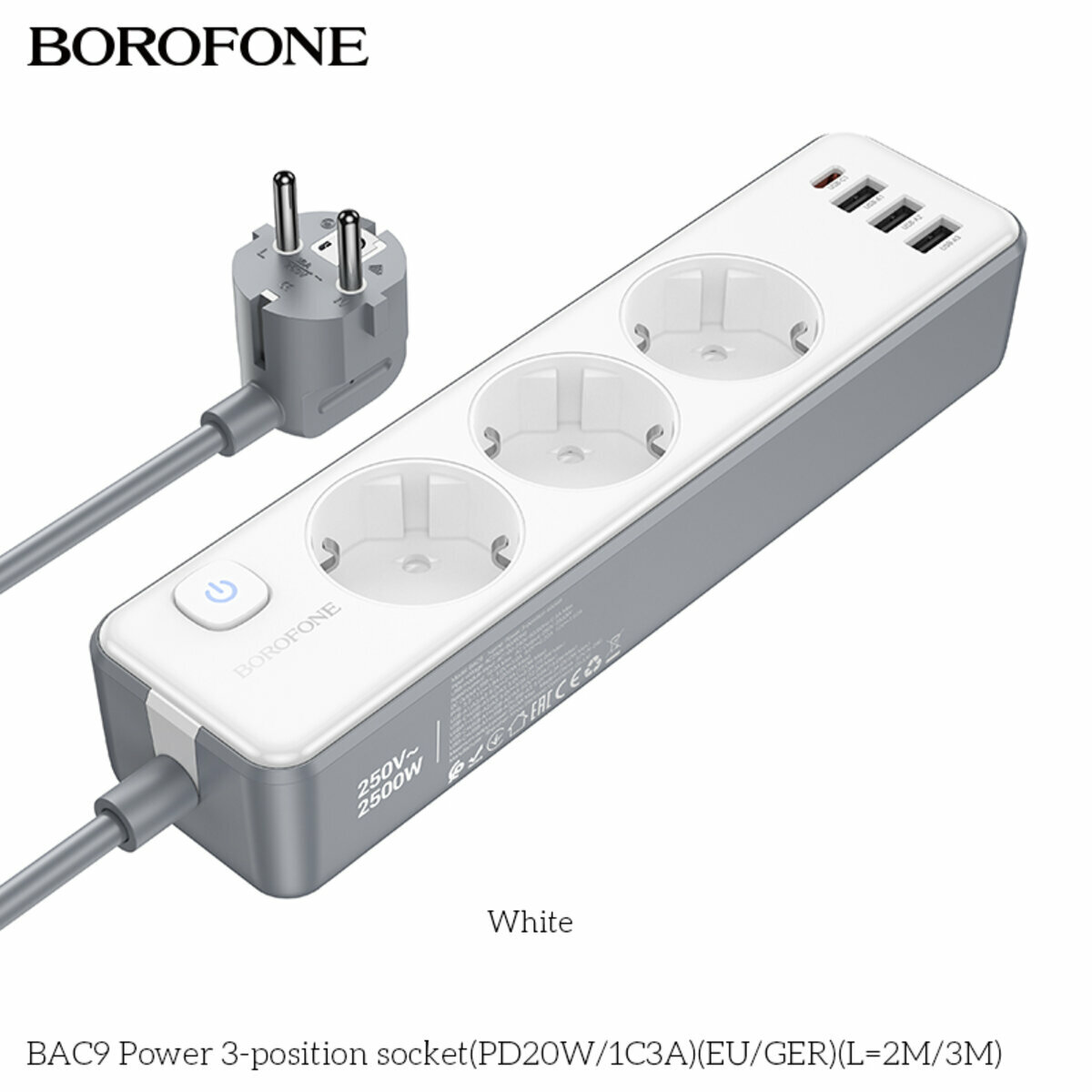 Сетевой фильтр Borofone BAC9 Power (3 розетки+3USB-A+USB-C) PD20W 2м белый (BF-BAC9-2m-White) смотреть фото №3