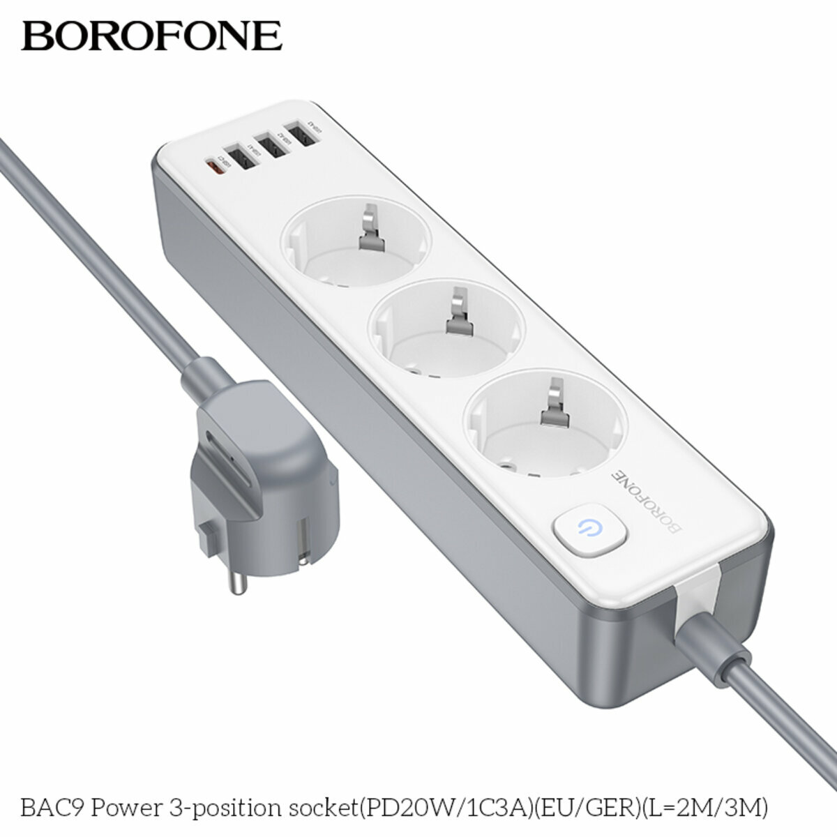 Сетевой фильтр Borofone BAC9 Power (3 розетки+3USB-A+USB-C) PD20W 2м белый (BF-BAC9-2m-White) смотреть фото №4
