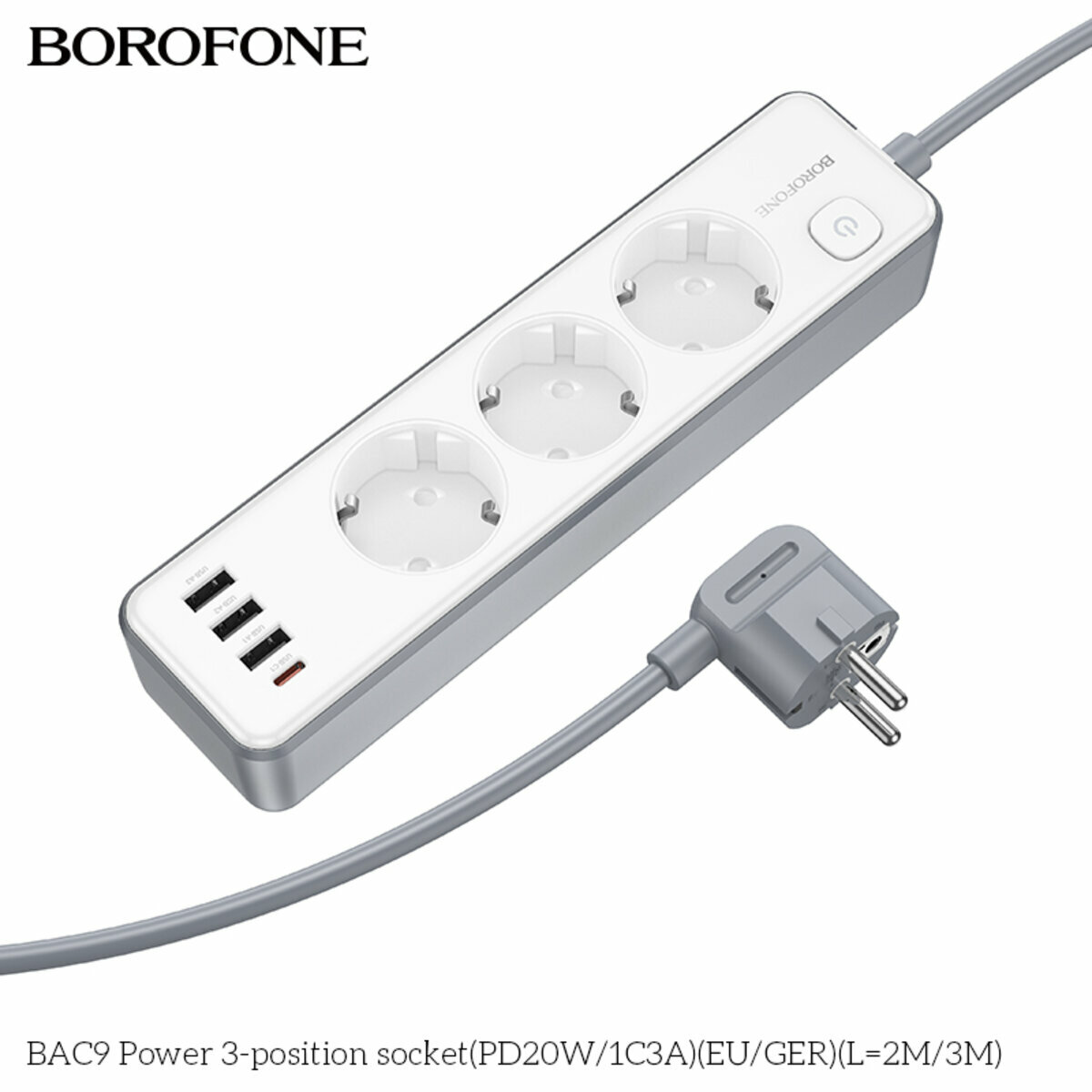 Сетевой фильтр Borofone BAC9 Power (3 розетки+3USB-A+USB-C) PD20W 2м белый (BF-BAC9-2m-White) смотреть фото №2