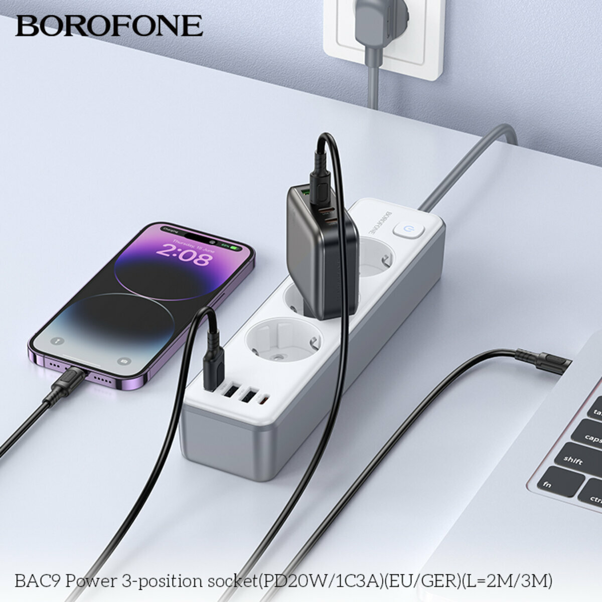 Сетевой фильтр Borofone BAC9 Power (3 розетки+3USB-A+USB-C) PD20W 2м белый (BF-BAC9-2m-White) смотреть фото №8