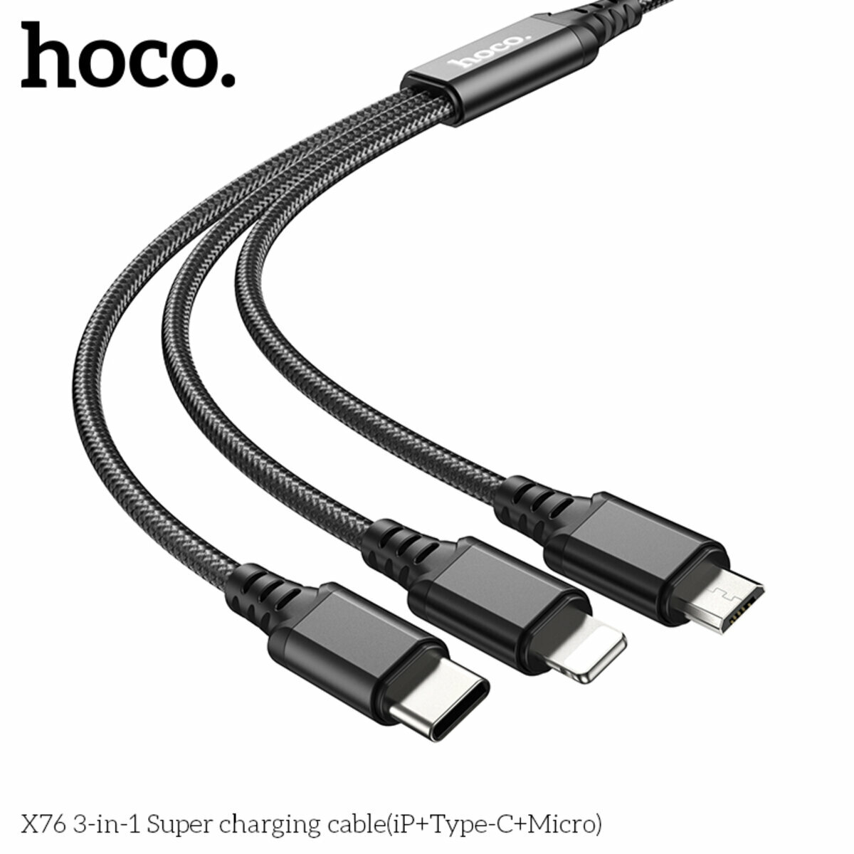 Кабель Hoco X76 3-in-1 Super (iP+Type-C+Micro) 1м черный (HC-X76-Black) смотреть фото №2