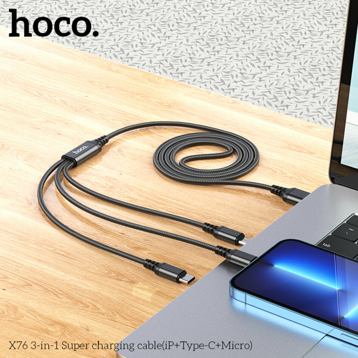 Кабель Hoco X76 3-in-1 Super (iP+Type-C+Micro) 1м черный (HC-X76-Black) смотреть фото №4