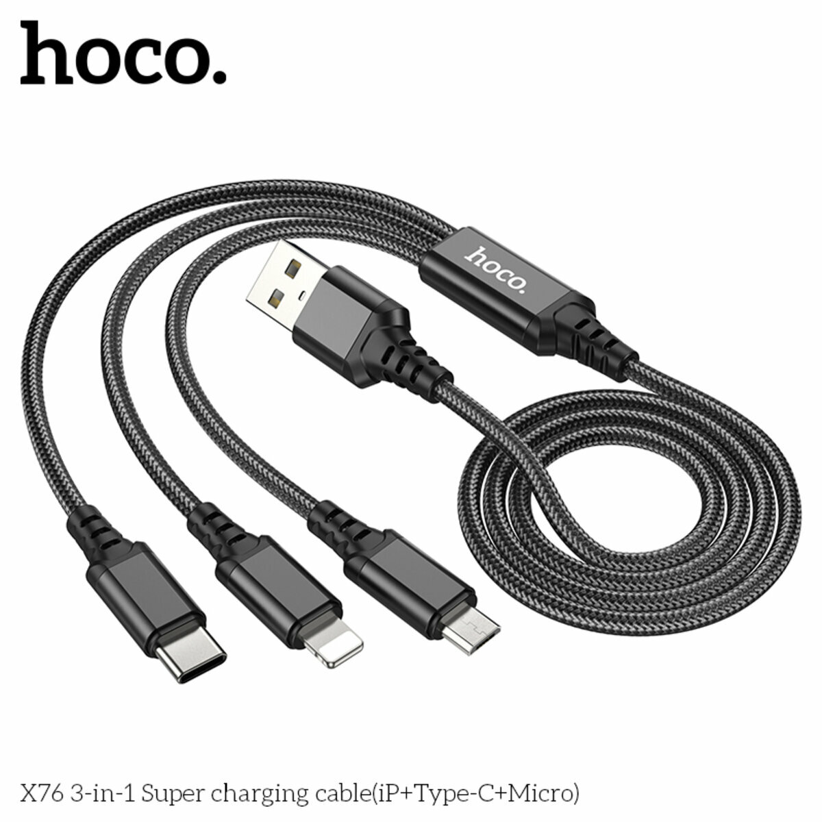 Кабель Hoco X76 3-in-1 Super (iP+Type-C+Micro) 1м черный (HC-X76-Black) смотреть фото №7