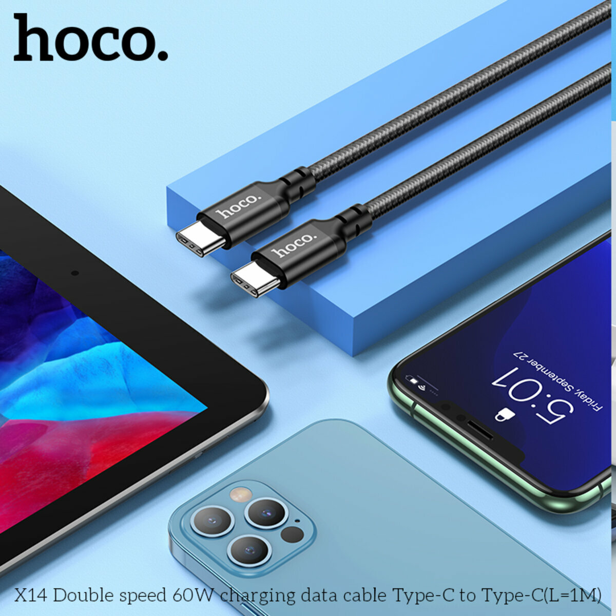 Кабель Hoco X14 Double speed 60W Type-C to Type-C 1м черный (HC-X14-CC-1m-Black) смотреть фото №4