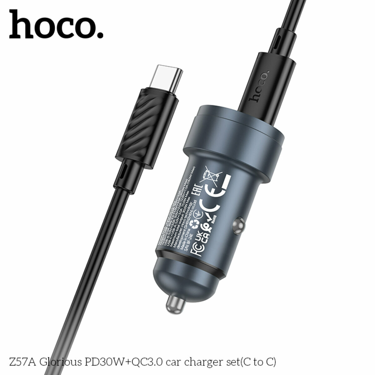Автомобільний зарядний пристрій Hoco Z57A Glorious PD30W+QC3.0 + Type-C кабель сірий металік (HC-Z57A-CC-Metal Gray) дивитися фото №3