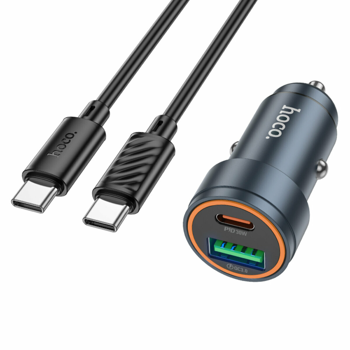 Автомобільний зарядний пристрій Hoco Z57A Glorious PD30W+QC3.0 + Type-C кабель сірий металік (HC-Z57A-CC-Metal Gray) дивитися фото №1
