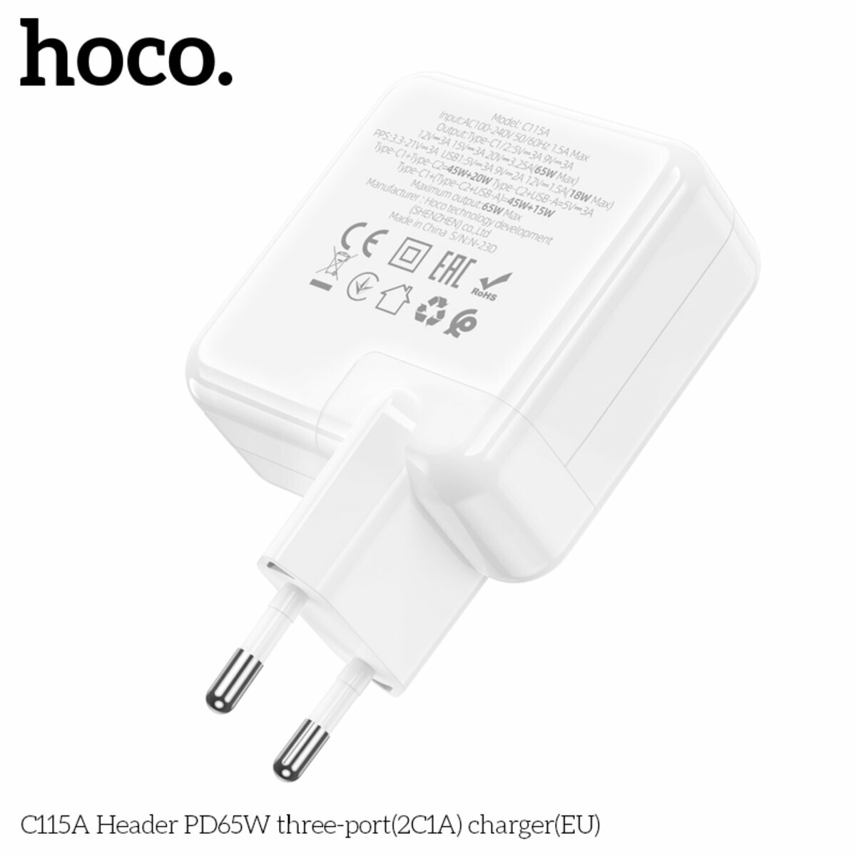 Мережевий зарядний пристрій Hoco C115A Header PD65W (2C1A) білий (HC-C115A-White) дивитися фото №6