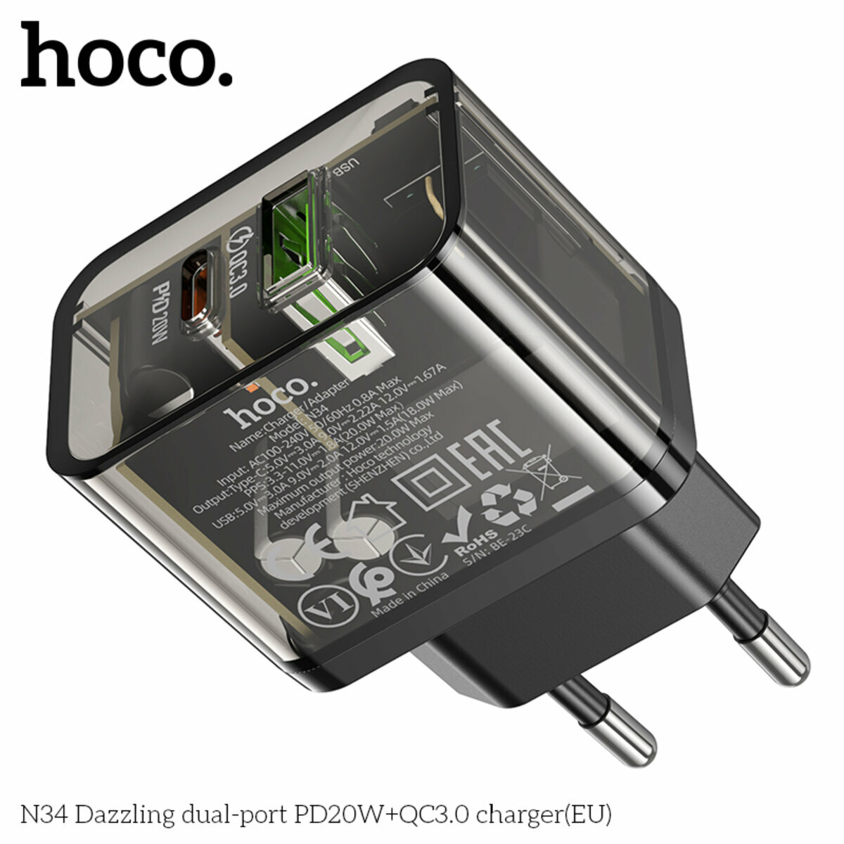 Мережевий зарядний пристрій Hoco N34 Dazzling PD20W+QC3.0 чорний прозорий (HC-N34-Black) дивитися фото №3