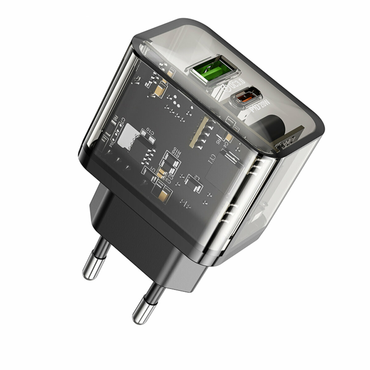 Мережевий зарядний пристрій Hoco N34 Dazzling PD20W+QC3.0 чорний прозорий (HC-N34-Black) дивитися фото №1