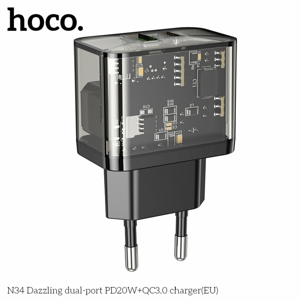 Мережевий зарядний пристрій Hoco N34 Dazzling PD20W+QC3.0 чорний прозорий (HC-N34-Black) дивитися фото №4