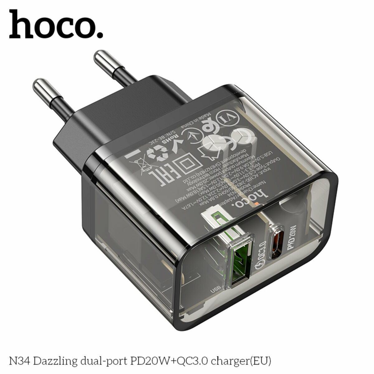 Мережевий зарядний пристрій Hoco N34 Dazzling PD20W+QC3.0 чорний прозорий (HC-N34-Black) дивитися фото №2