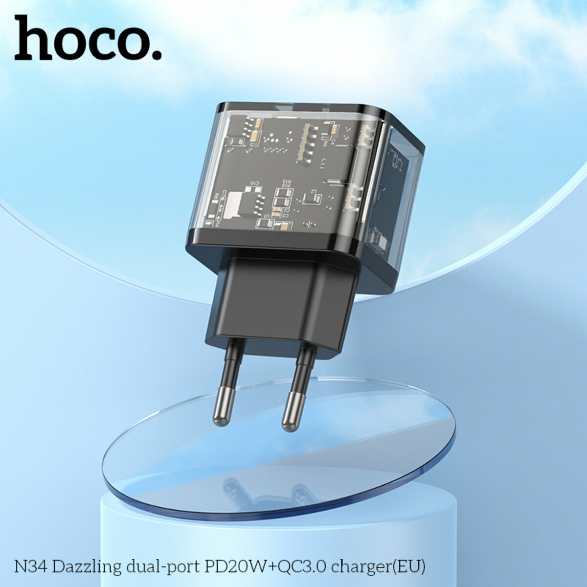 Мережевий зарядний пристрій Hoco N34 Dazzling PD20W+QC3.0 чорний прозорий (HC-N34-Black) дивитися фото №7