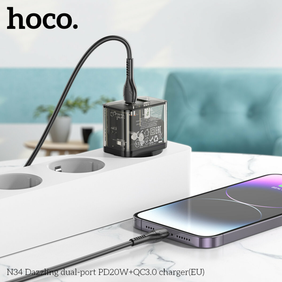 Мережевий зарядний пристрій Hoco N34 Dazzling PD20W+QC3.0 чорний прозорий (HC-N34-Black) дивитися фото №8