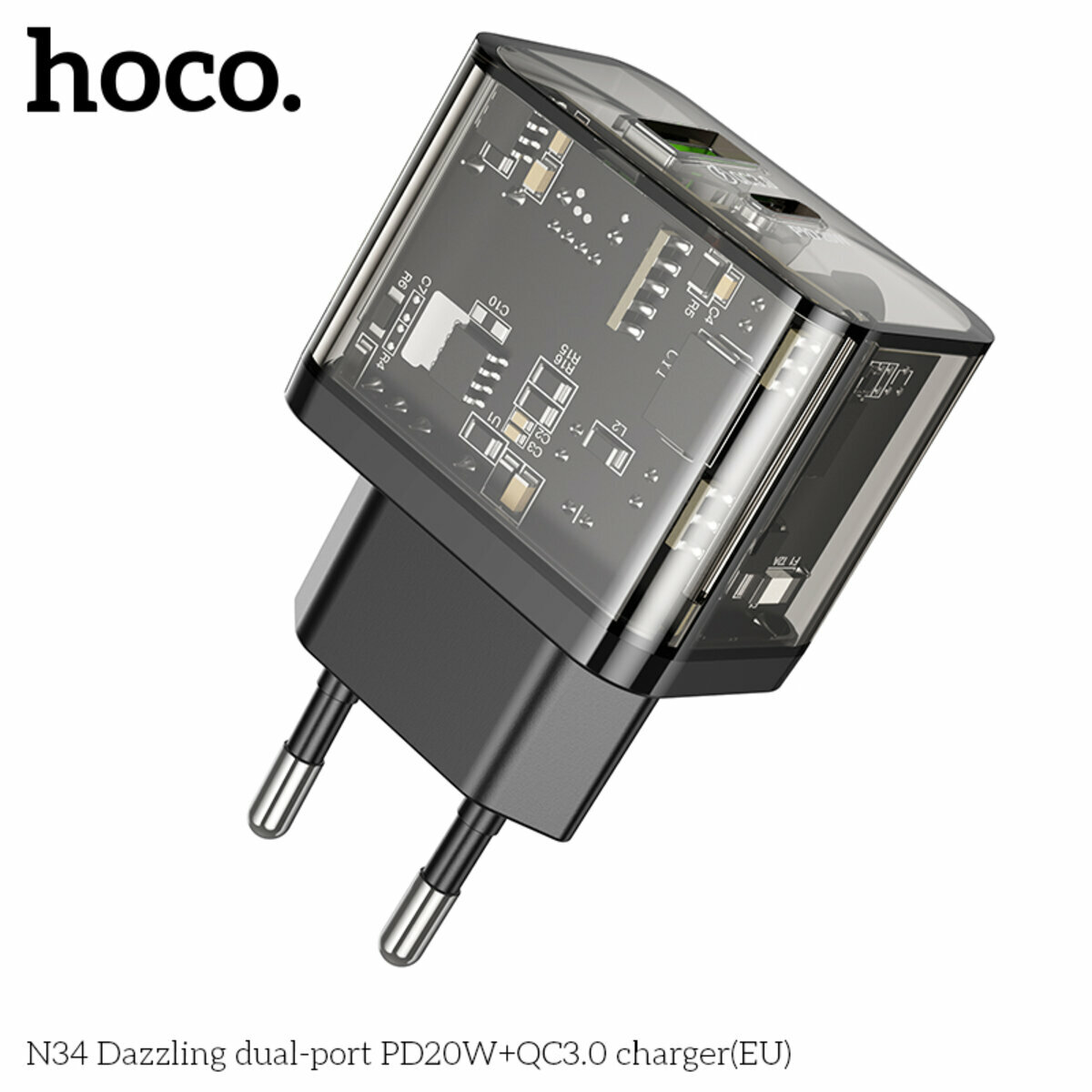 Мережевий зарядний пристрій Hoco N34 Dazzling PD20W+QC3.0 чорний прозорий (HC-N34-Black) дивитися фото №5